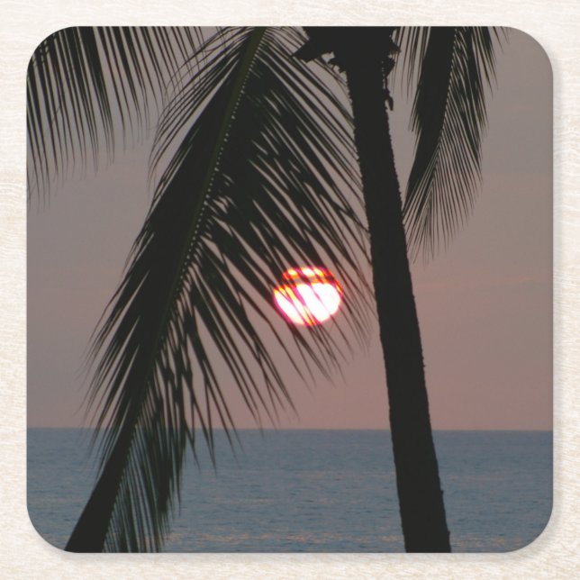 Tropical Palm Tree Sunset Square Paper Coaster (Front)