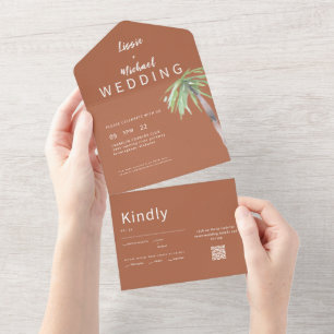 Tropical Palm Tree Terracotta QR Code Wedding All In One Invitation