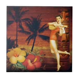 tropical Palm Tree totem pole hawaiian girl aloha Tile