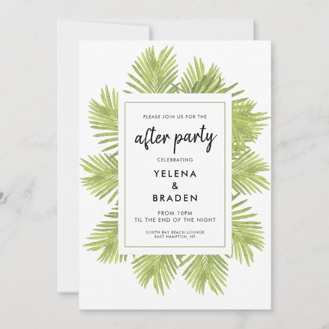 Tropical palm tree wedding after party invitation (Front)