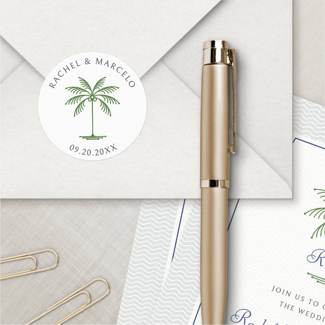 Tropical Palm Tree Wedding Classic Round Sticker (Creator Uploaded)