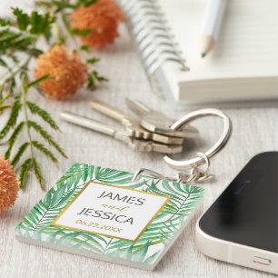 Tropical Palm Tree Wedding Favour Acrylic Square Key Ring