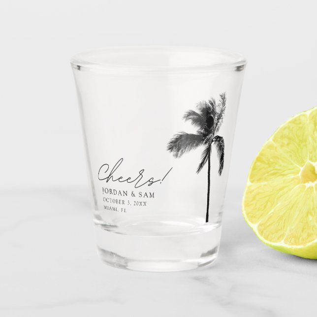 Tropical Palm Tree Wedding Favour Cheers Modern Shot Glass (Front)