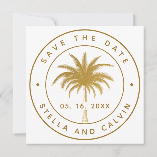 Tropical Palm Tree Wedding Photo Gold  Save The Date (Front)
