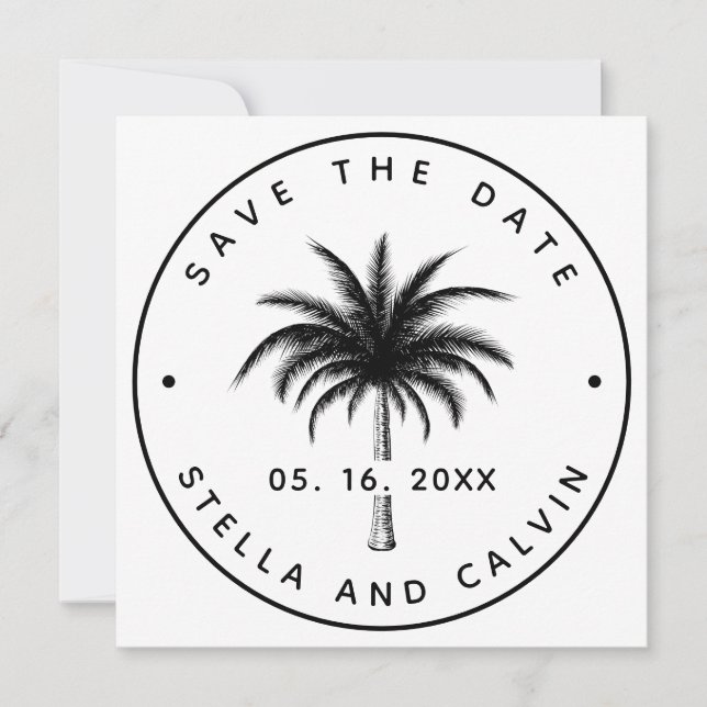 Tropical Palm Tree Wedding Round Photo Save The Date (Front)