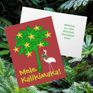 Tropical Palm Tree White Flamingo Personalized Holiday Card
