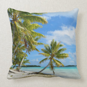 Tropical palm tree white sand beach throw pillow