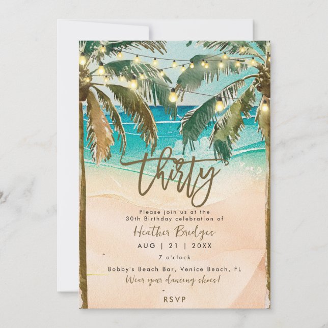Tropical palm trees 30th birthday party invitation (Front)