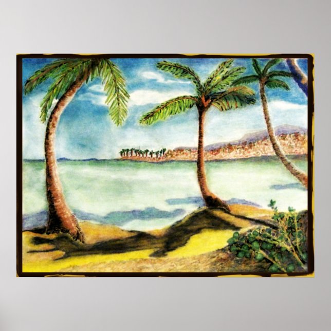 Tropical Palm Trees and Beach Drawing Poster (Front)