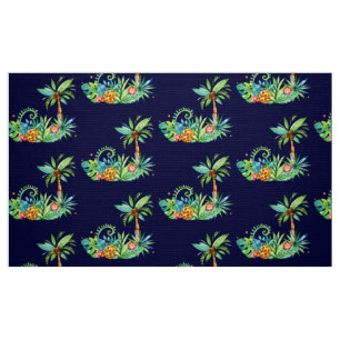 Tropical Palm Trees and Floral on Navy Fabric