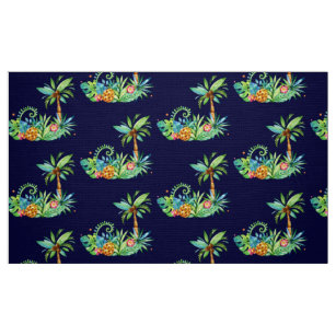 Tropical Palm Trees and Floral on Navy Fabric