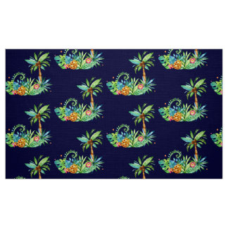Tropical Palm Trees and Floral on Navy Fabric