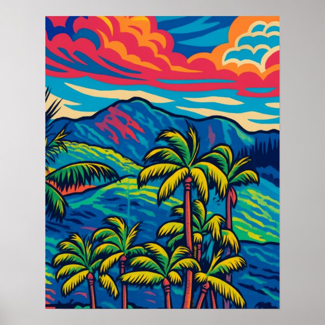 Tropical Palm Trees and Ko'olau Mountain Pop Art Poster (Front)
