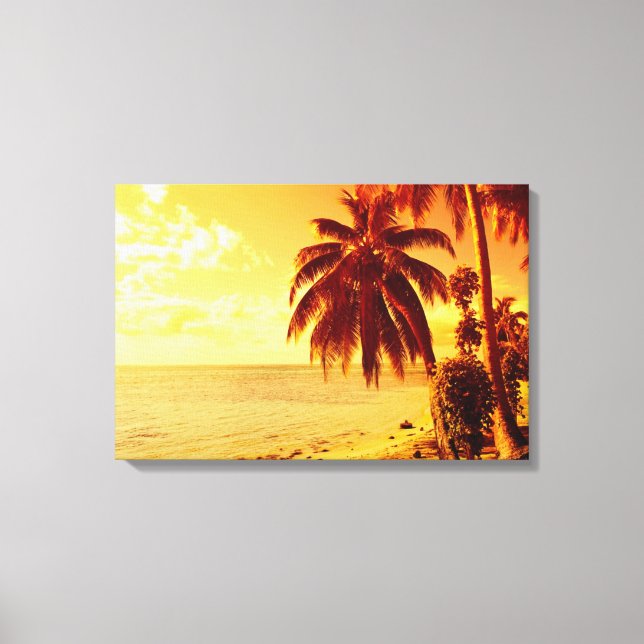 Tropical palm trees at a beach at sunset canvas (Front)