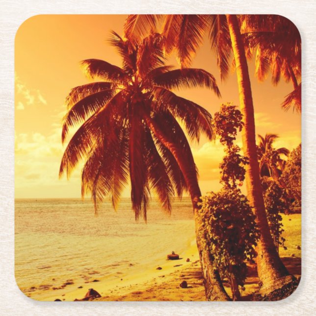 Tropical palm trees at a beach at sunset coaster (Front)