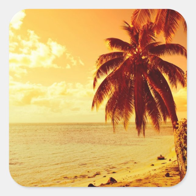 Tropical palm trees at a beach at sunset sticker (Front)