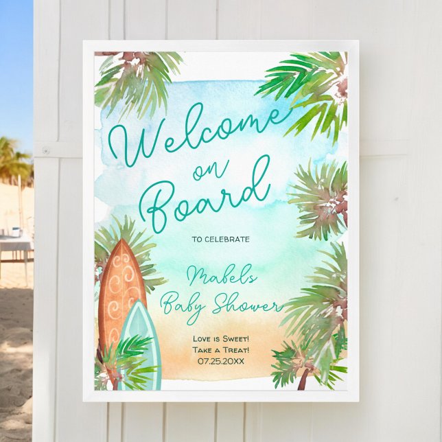 Tropical palm trees beach baby on board shower poster (Tropical palm trees beach baby on board shower poster)
