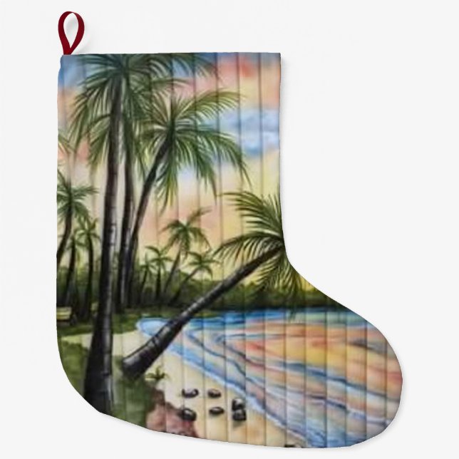 TROPICAL PALM TREES BEACH BLINDS LARGE CHRISTMAS STOCKING (Front)