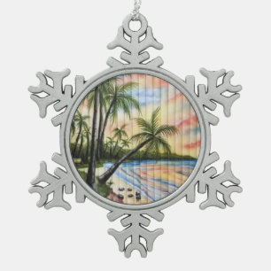 TROPICAL PALM TREES BEACH BLINDS SNOWFLAKE PEWTER CHRISTMAS ORNAMENT