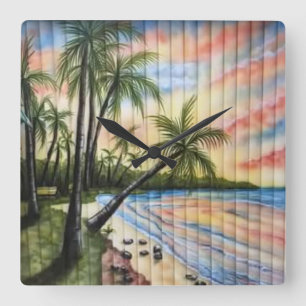 TROPICAL PALM TREES BEACH BLINDS SQUARE WALL CLOCK