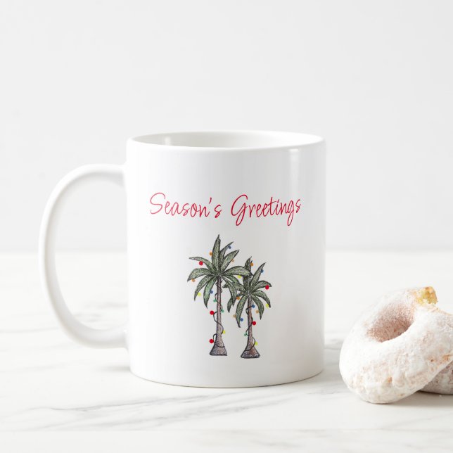 Tropical Palm Trees Beach Christmas Illustration  Coffee Mug (With Donut)