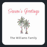 Tropical Palm Trees Beach Christmas Illustration  Square Sticker<br><div class="desc">Tropical Christmas foliage sticker,  with a palm trees illustration and script typography. With customisable lettering,  you add your own information. A cheerful way to celebrate the holidays with a theme from the beach.</div>
