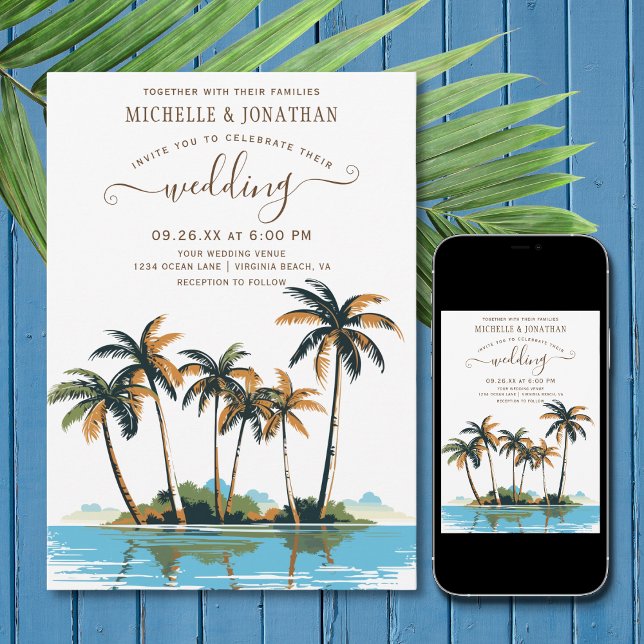 Tropical Palm Trees Beach Destination Wedding Invitation (Creator Uploaded)