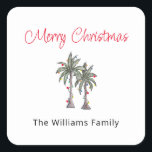Tropical Palm Trees Beach Merry Christmas  Square Sticker<br><div class="desc">Tropical Merry Christmas sticker,  with a palm trees illustration and script typography. With customisable lettering,  you add your own information. A cheerful way to celebrate the holidays with a theme from the beach.</div>