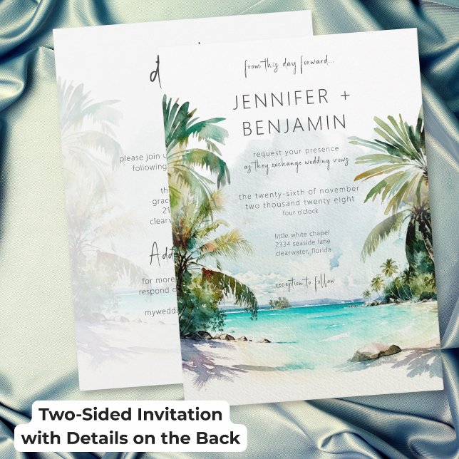 Tropical Palm Trees Beach Modern Wedding Two Sided Invitation (Tropical Palm Trees Beach Modern Wedding Two Sided Invitation)