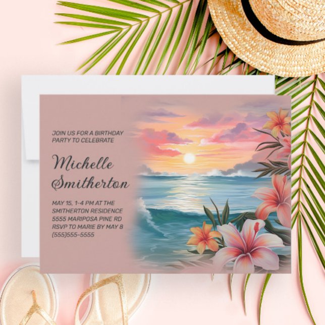 Tropical Palm Trees Beach Ocean Sunset Birthday  Invitation (Creator Uploaded)