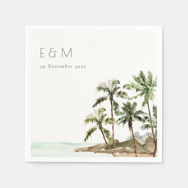 Tropical Palm Trees Beach Sand Monogram Wedding Napkin (Front)