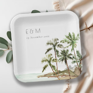 Tropical Palm Trees Beach Sand Monogram Wedding Paper Plate