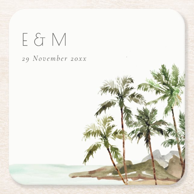 Tropical Palm Trees Beach Sand Monogram Wedding Square Paper Coaster (Front)