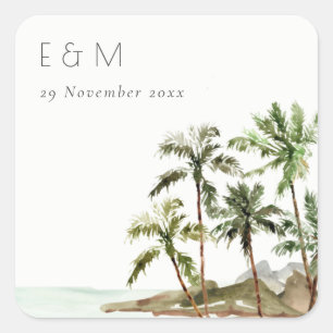 Tropical Palm Trees Beach Sand Monogram Wedding Square Sticker