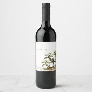 Tropical Palm Trees Beach Sand Monogram Wedding Wine Label