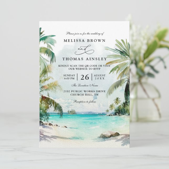 Tropical Palm Trees Beach Scene QR Code Wedding Invitation (Standing Front)