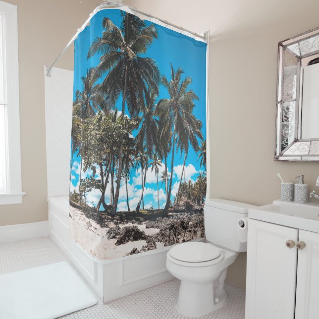 Tropical Palm Trees Beach Shower Curtain (In Situ)
