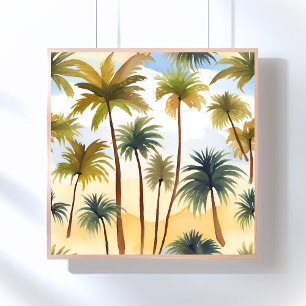 Tropical Palm Trees Beach Watercolor Painting Poster