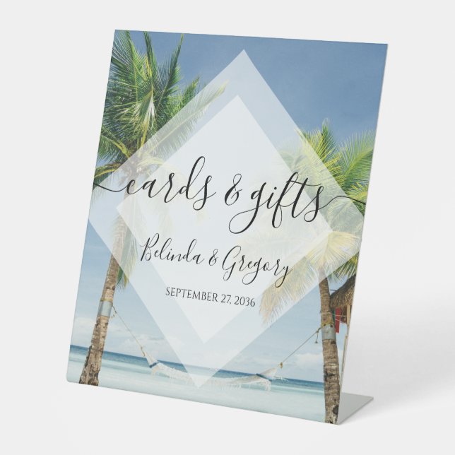 Tropical Palm Trees Beach Wedding Cards Gifts Pedestal Sign (Front)