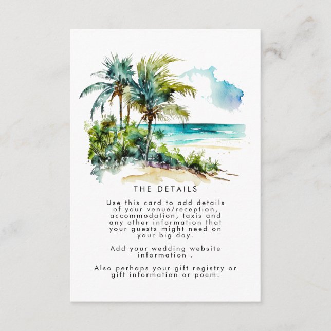 tropical palm trees beach wedding information card (Front)