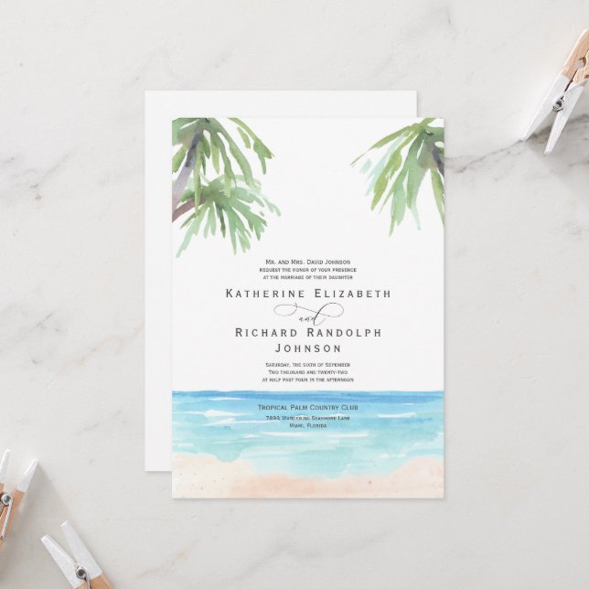 Tropical Palm Trees Beach Wedding Invitation (Front/Back In Situ)
