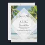 Tropical Palm Trees Beach Wedding Save The Date<br><div class="desc">This design features tropical palm trees on a beach. The beautiful greenery of the palms contrast against the blue sky and water. The opaque white diamond element brings the modern typography to the forefront. A perfect fusion of modern and chic. Palm tree greenery design ideal for a tropical beach destination...</div>