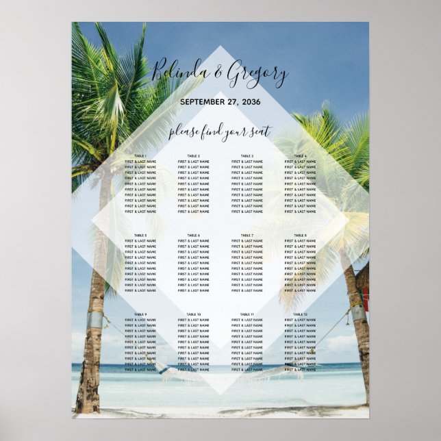 Tropical Palm Trees Beach Wedding Seating Chart (Front)
