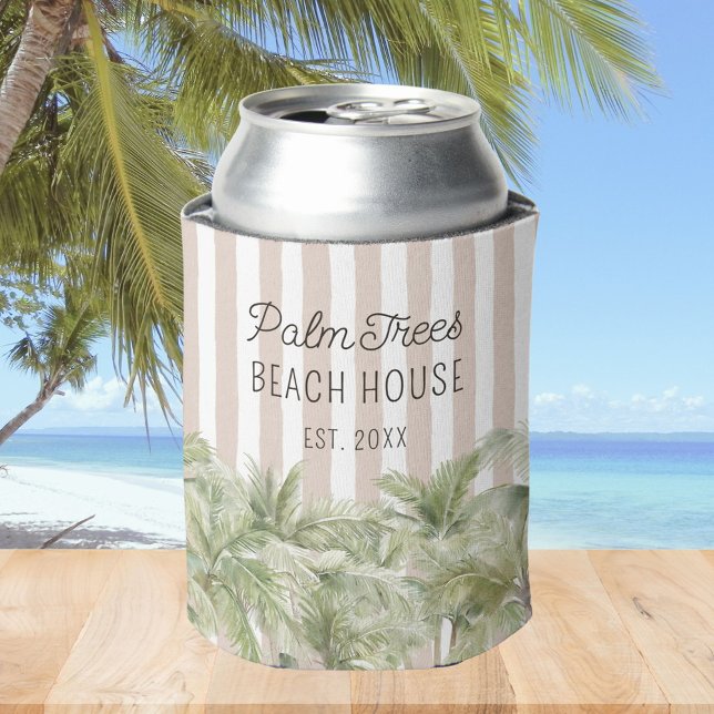 Tropical Palm Trees Beige Stripes Beach House Can Cooler (In situ)