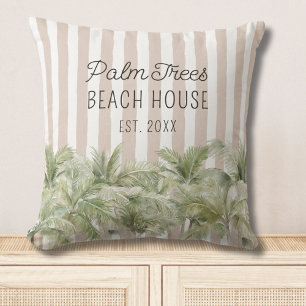 Tropical Palm Trees Beige Stripes Beach House Cushion