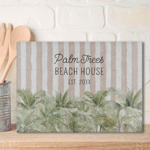 Tropical Palm Trees Beige Stripes Beach House Cutting Board