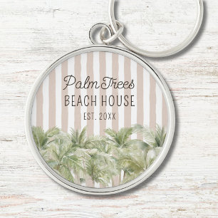 Tropical Palm Trees Beige Stripes Beach House Key Ring