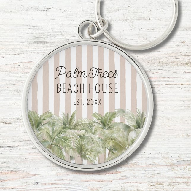 Tropical Palm Trees Beige Stripes Beach House Key Ring (In situ)