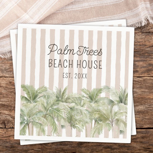 Tropical Palm Trees Beige Stripes Beach House Napkin (In situ)