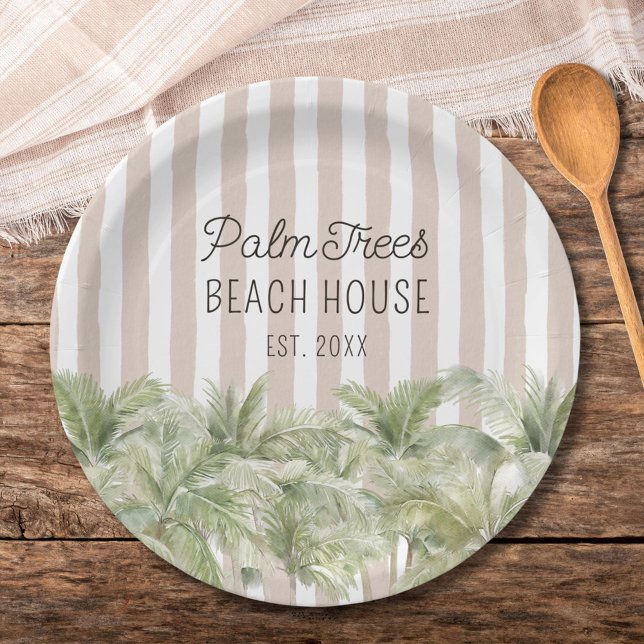 Tropical Palm Trees Beige Stripes Beach House Paper Plate (In situ)